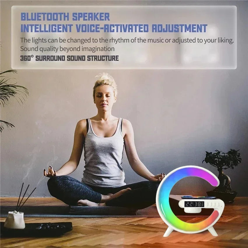 3-in-1 Wireless Charging Stand with RGB Light, Alarm Clock & Speaker