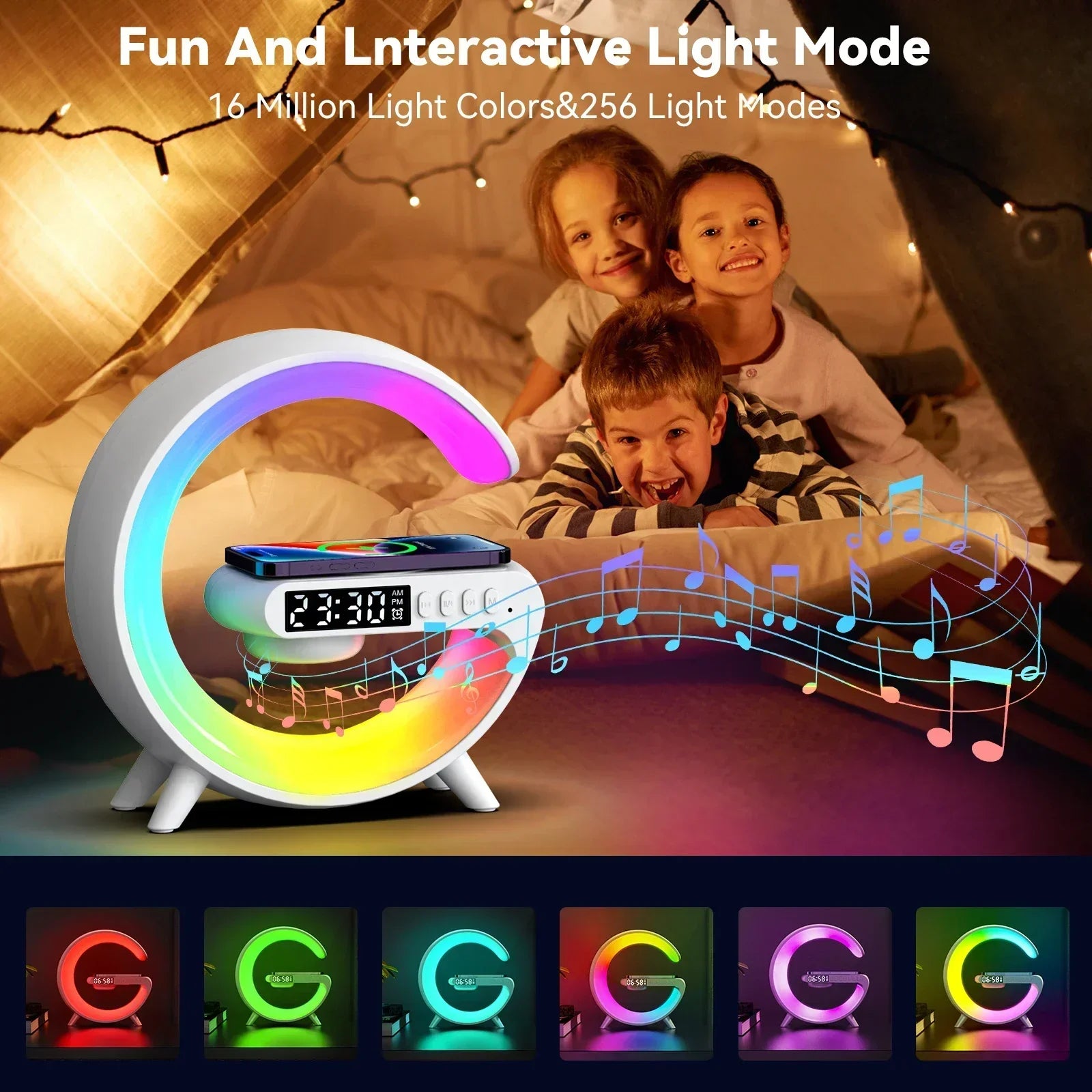 3-in-1 Wireless Charging Stand with RGB Light, Alarm Clock & Speaker
