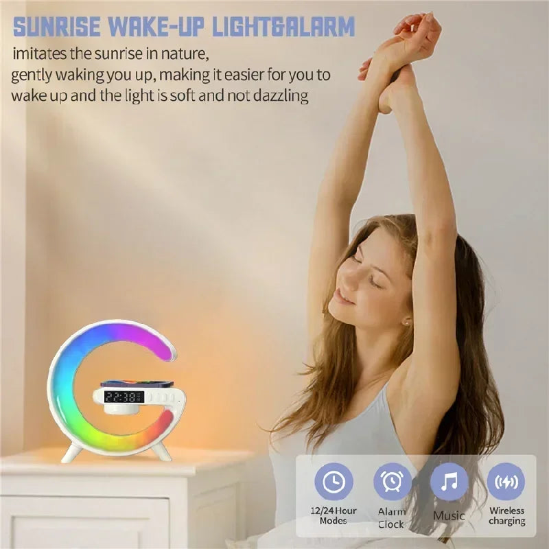 3-in-1 Wireless Charging Stand with RGB Light, Alarm Clock & Speaker