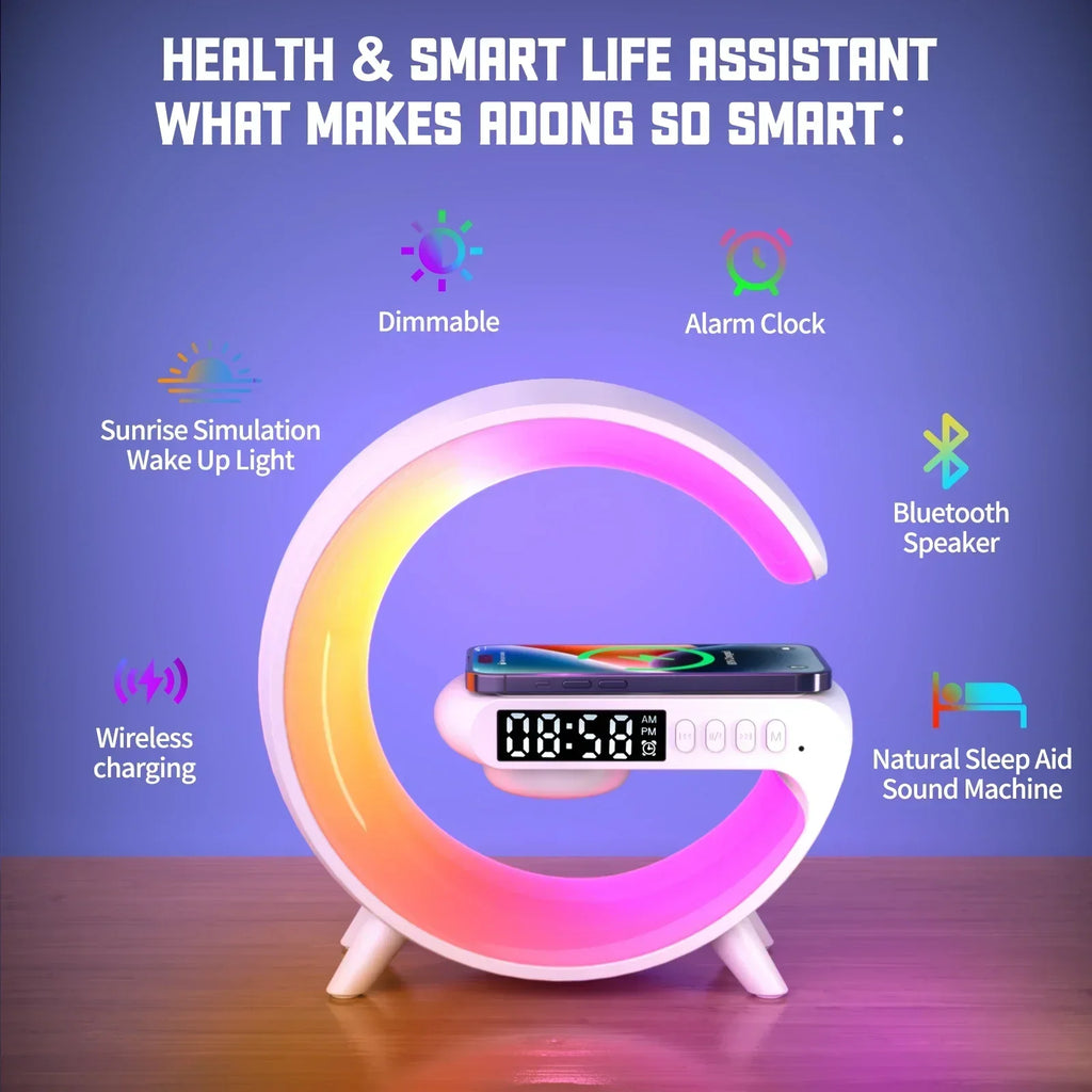 3-in-1 Wireless Charging Stand with RGB Light, Alarm Clock & Speaker