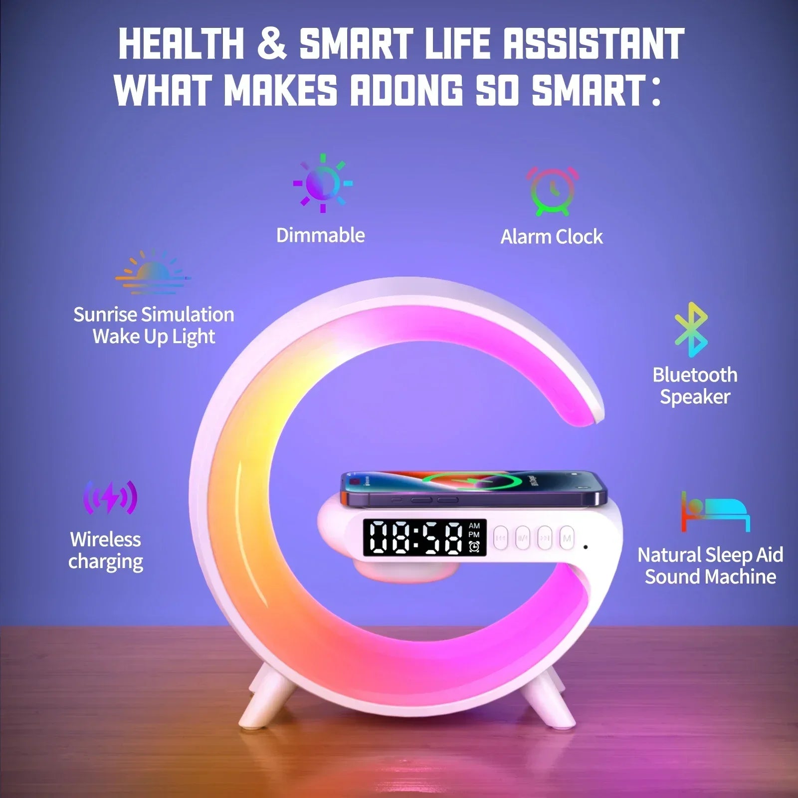 3-in-1 Wireless Charging Stand with RGB Light, Alarm Clock & Speaker