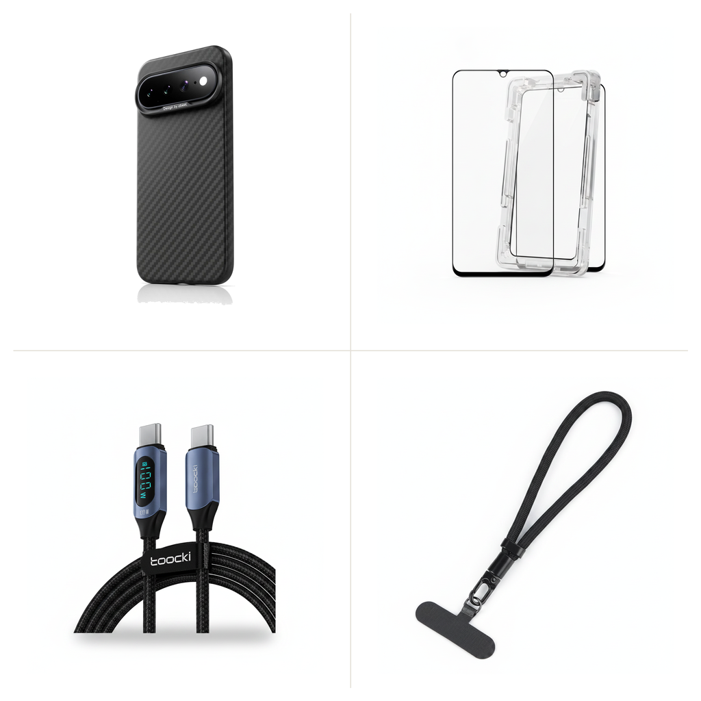4-Piece Primo Bundle: carbon fibre case, tempered glass 2-pack, 100W USB-C cable and anti-drop wrist strap