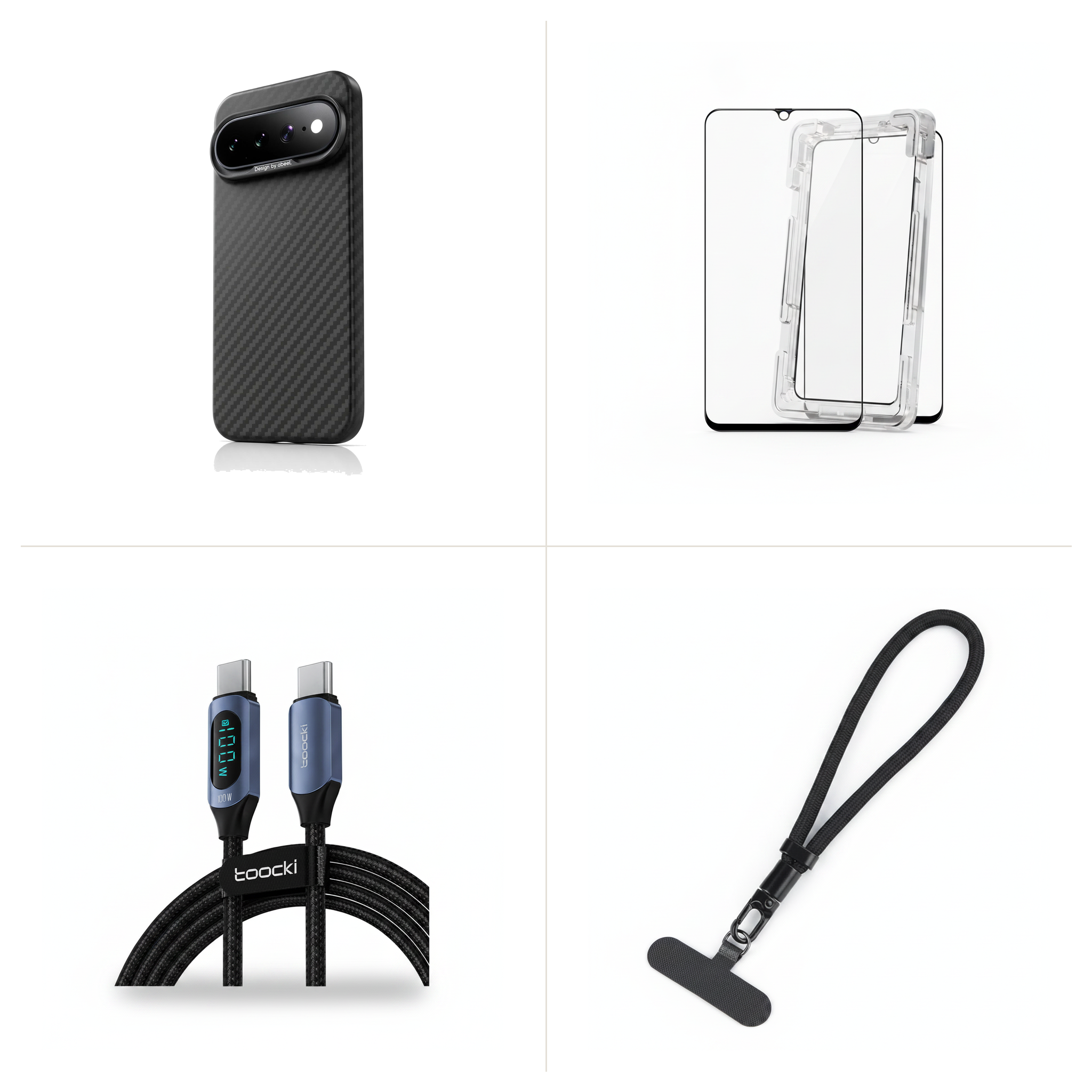 4-Piece Primo Bundle: carbon fibre case, tempered glass 2-pack, 100W USB-C cable and anti-drop wrist strap