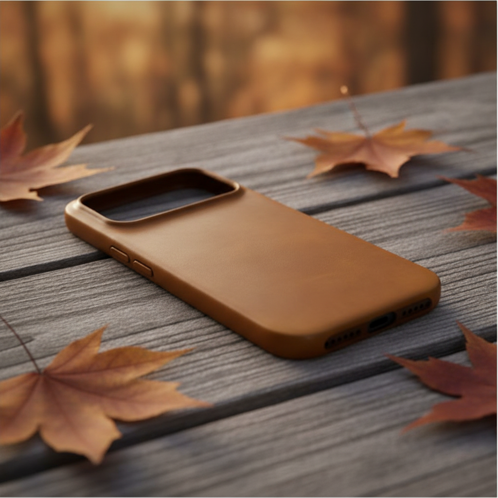 Oil-wax leather case showing the raised camera lip