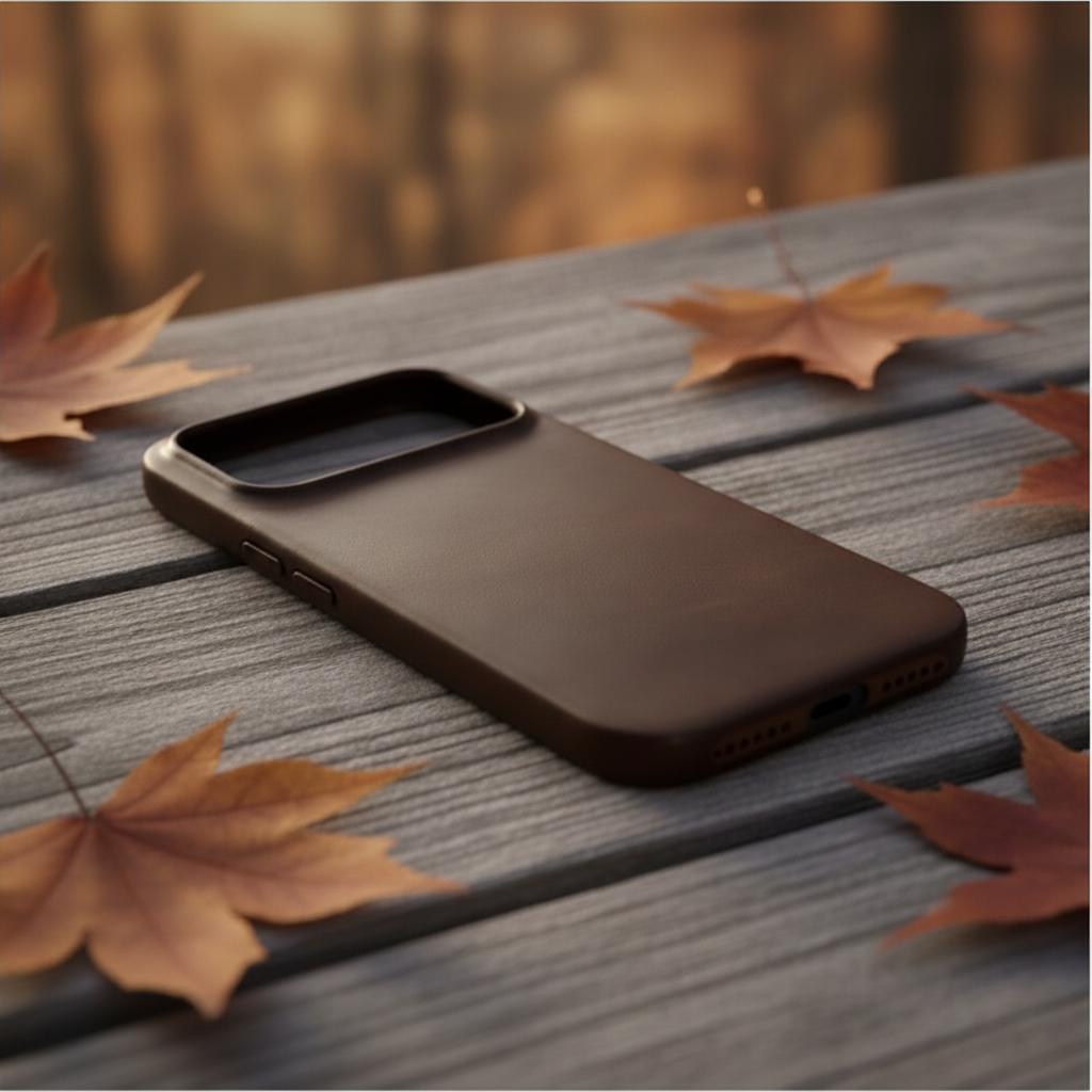 Dark brown oil-wax leather iPhone case among fall leaves