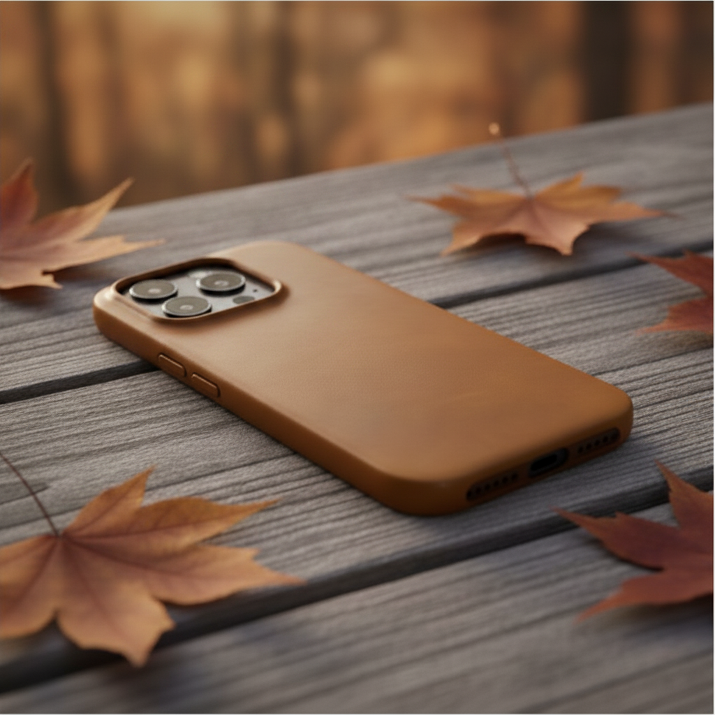 Cognac oil-wax leather iPhone case on autumn barnwood