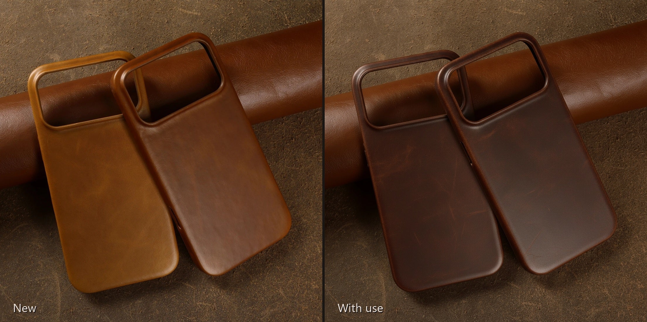 The same oil-wax leather cases shown new and after use, showing how the leather darkens and develops patina